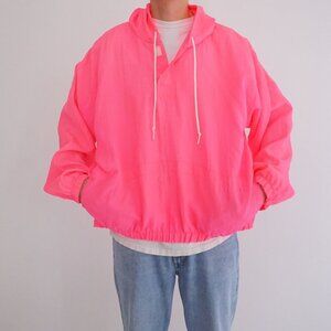 Vintage 80s' Asics Neon Pink Hooded Windbreaker Pullover Jacket Large